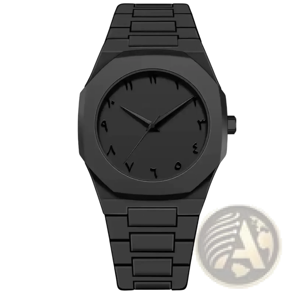 Mens black quartz watch with silicone strap featuring a sleek angular black metallic design and arabic numerals on dial