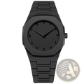 Mens black quartz watch with silicone strap featuring a sleek angular black metallic design and arabic numerals on dial