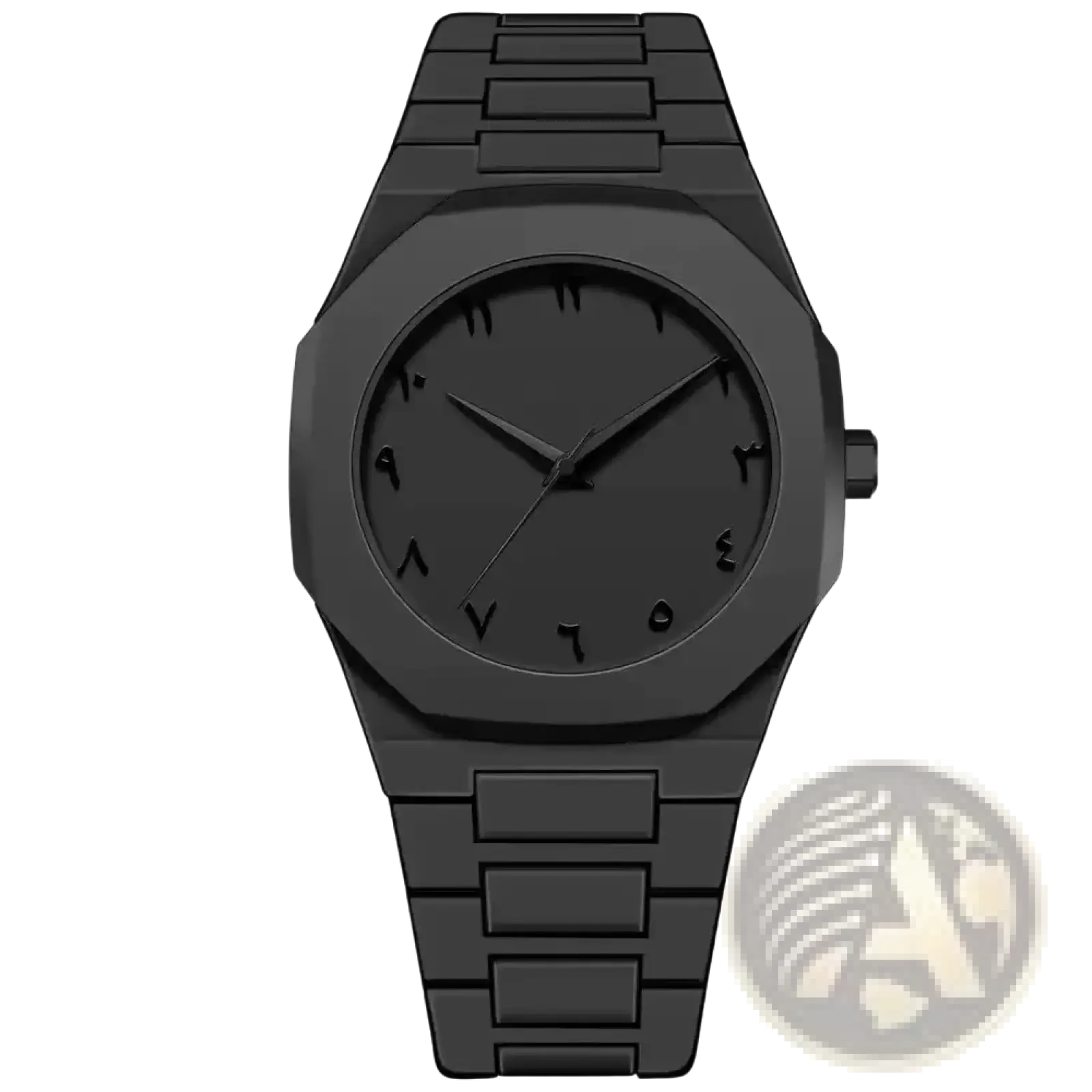 Mens black quartz watch with silicone strap featuring a sleek angular black metallic design and arabic numerals on dial