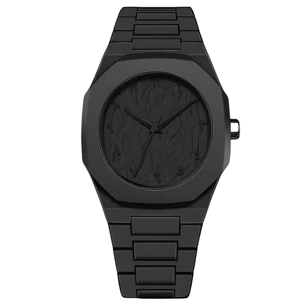 Mens black quartz watch with black metallic octagonal case, textured dial, and black silicone strap for casual use