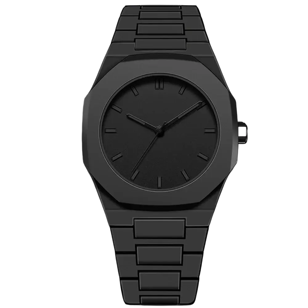 Mens black quartz watch with black metallic octagonal case and matching link bracelet for casual wear