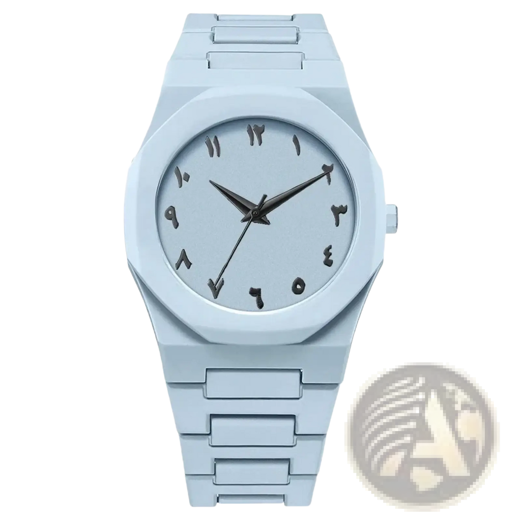 Mens black quartz watch with light blue ceramic case black arabic numerals and silicone strap for casual use