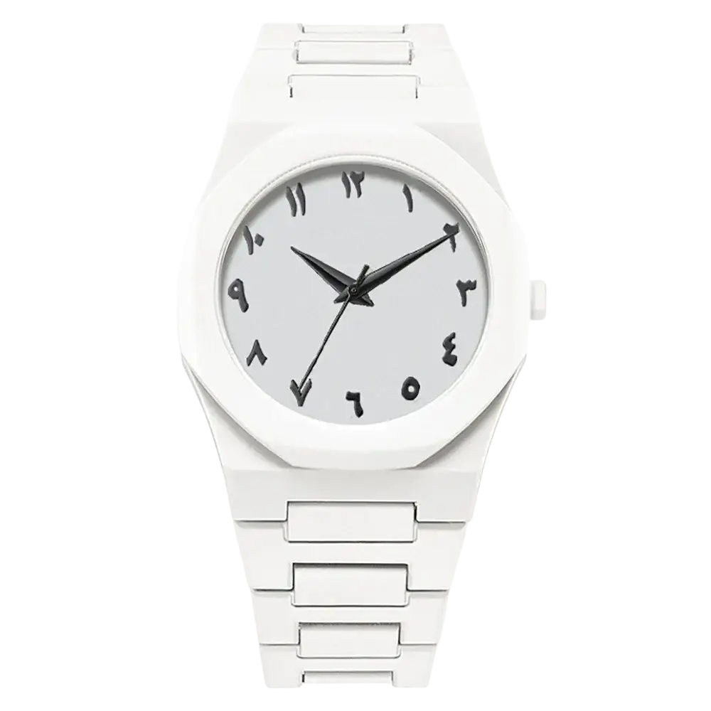 Mens black quartz watch with white ceramic minimalist dial black arabic numerals and sleek metallic hands