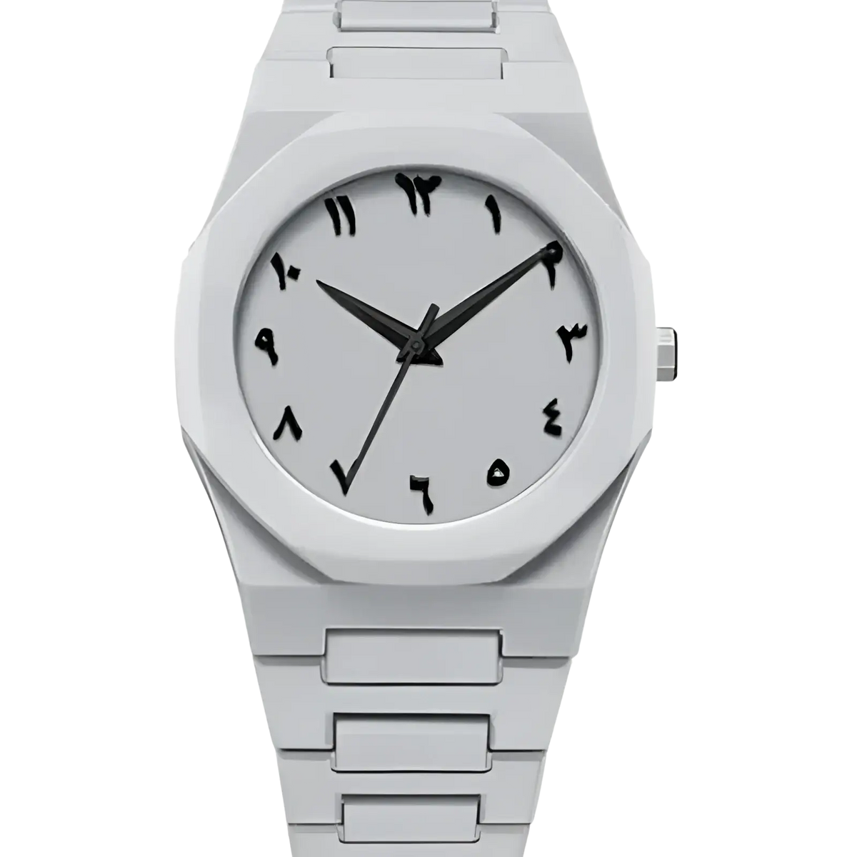 Mens black quartz watch with white metal case black arabic numerals and silicone strap casual timepiece