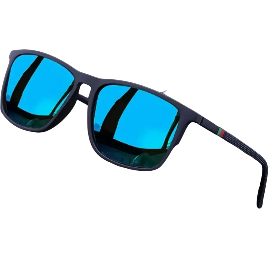 Men’s black rectangular sunglasses with uv400 protection feature blue mirrored lenses and dark gray frames with textured temple tips