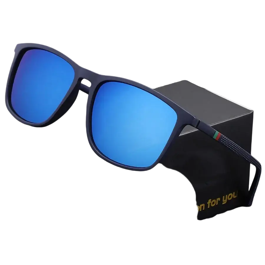 Men’s black rectangular sunglasses with dark blue frames, vibrant reflective blue lenses, and textured temple pattern, uv400 protection