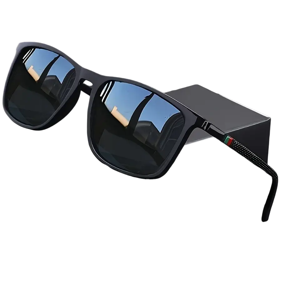 Men’s black rectangular sunglasses uv400 with reflective blue lenses and textured carbon fiber temples with red green logo
