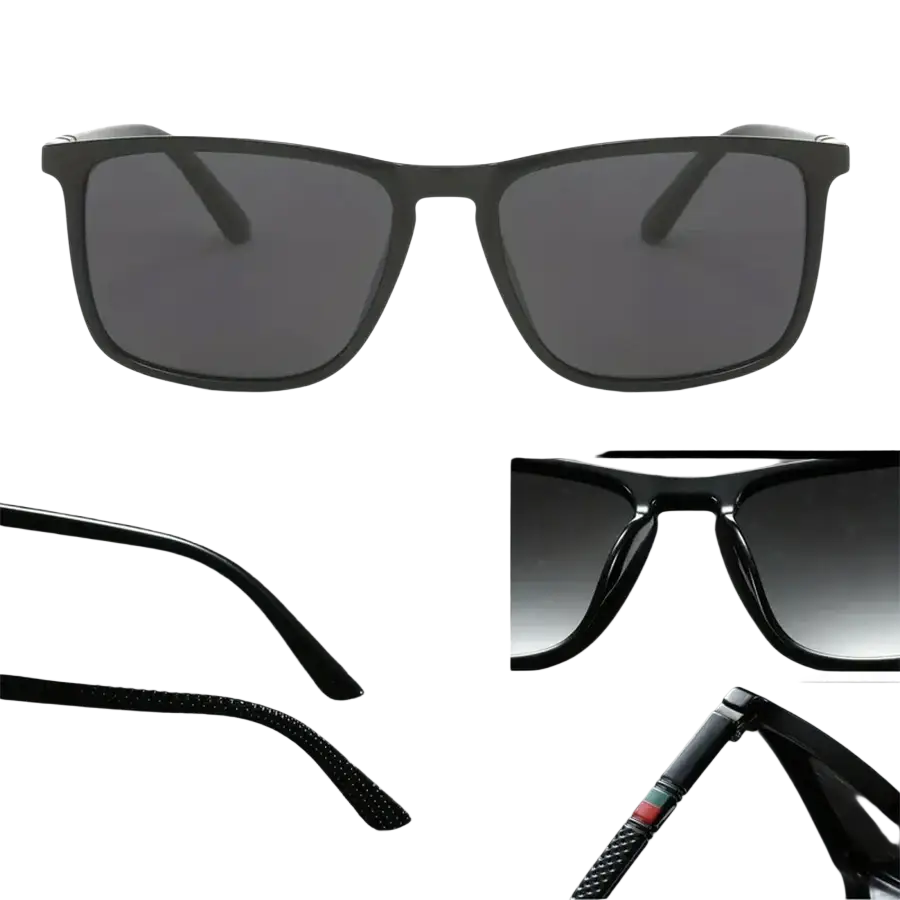 Men’s black rectangular sunglasses uv400 with dark gray gradient lenses and carbon-fiber textured temples