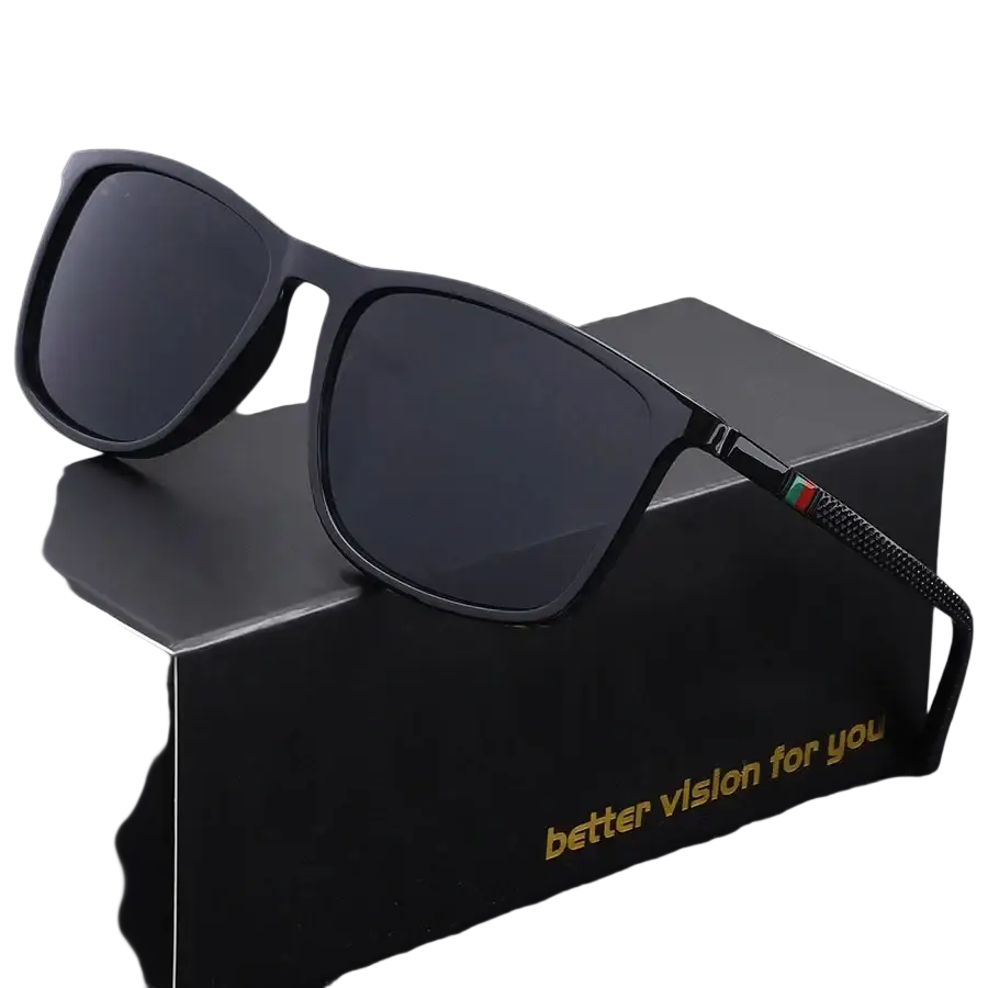 Men’s black rectangular sunglasses uv400 with dark gray lenses and textured patterned temple arm with red green white accent