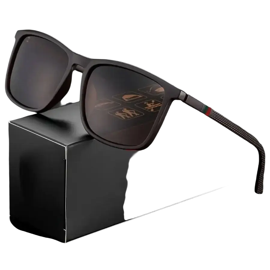 Men’s black rectangular sunglasses uv400 with dark lenses and textured patterned temple band featuring red and green accents