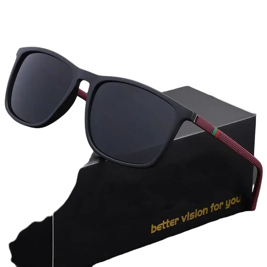Men’s black rectangular sunglasses uv400 with dark lenses and red textured temple arms accented by a green stripe