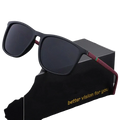 Men’s black rectangular sunglasses uv400 with dark lenses and red textured temple arms accented by a green stripe