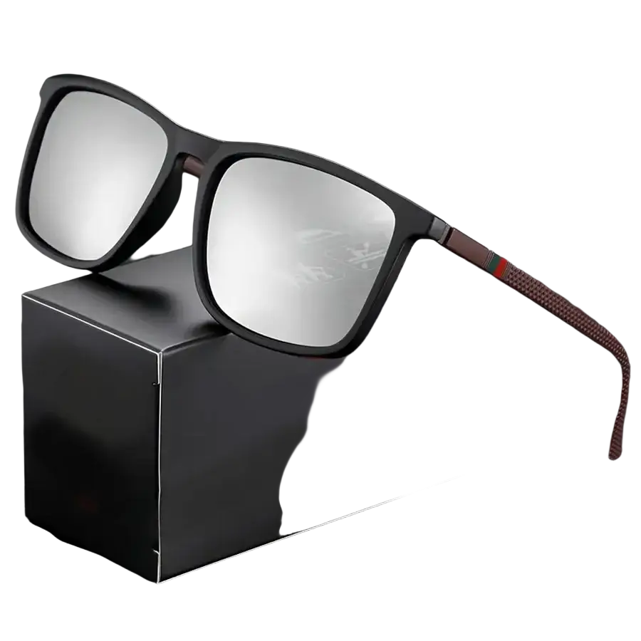 Men’s black rectangular sunglasses with uv400 protection feature mirrored lenses and textured brown temple tips