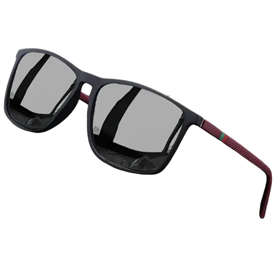 Men’s black rectangular sunglasses with uv400 protection featuring reflective silver lenses and textured red temple arms
