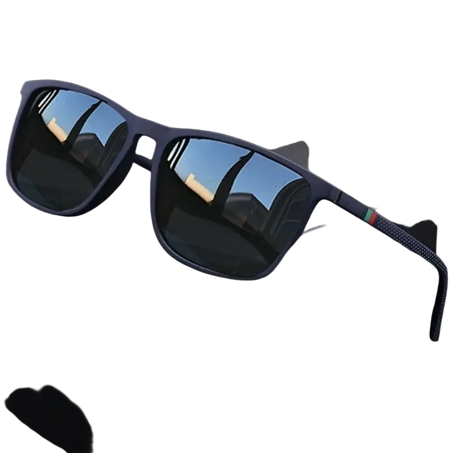 Men’s black rectangular uv400 sunglasses with navy blue frames, reflective dark lenses, and textured red green yellow temples