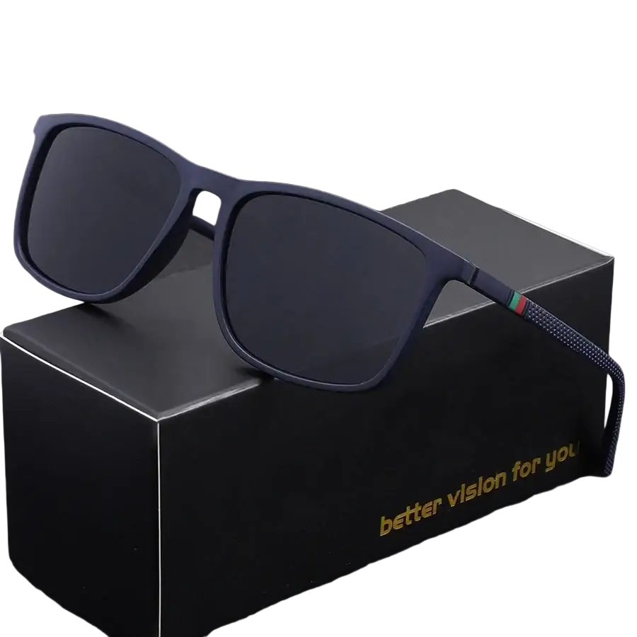 Men’s black rectangular uv400 sunglasses with navy blue frames dark gray lenses and patterned temple bands