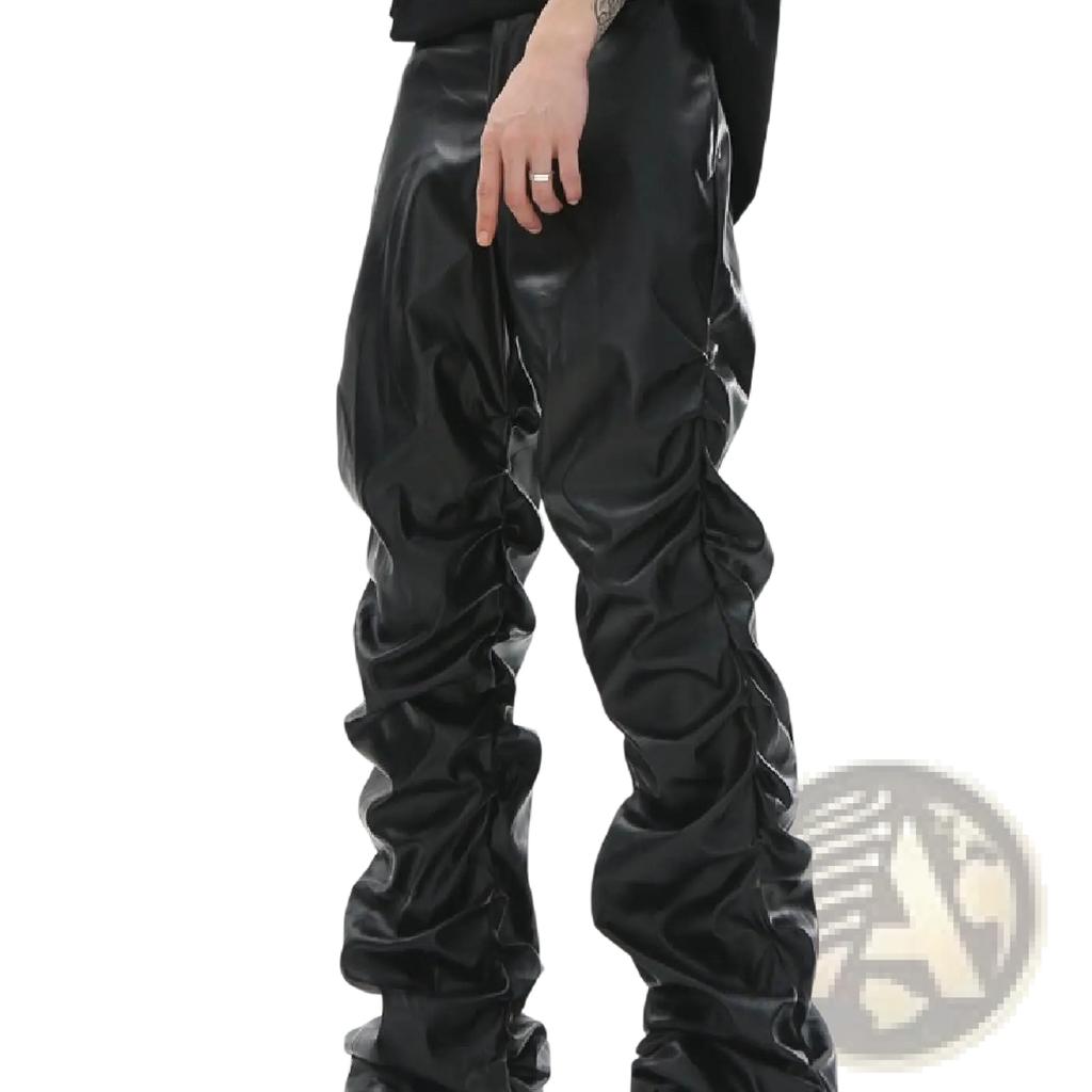 Men’s black ruched glossy faux leather tapered pants with textured detailing down the sides viewed from the front