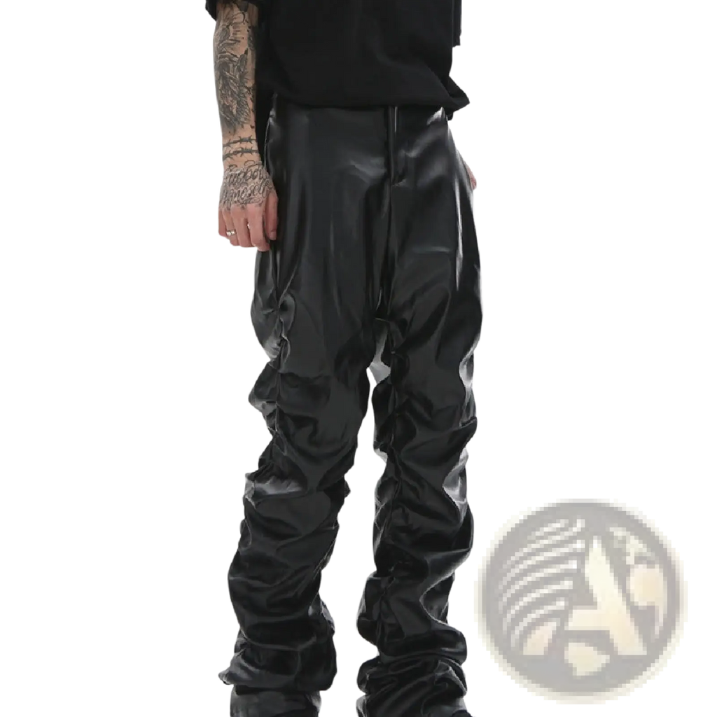 Men’s black ruched glossy faux leather tapered pants showcasing detailed ruching and a sleek fitted silhouette