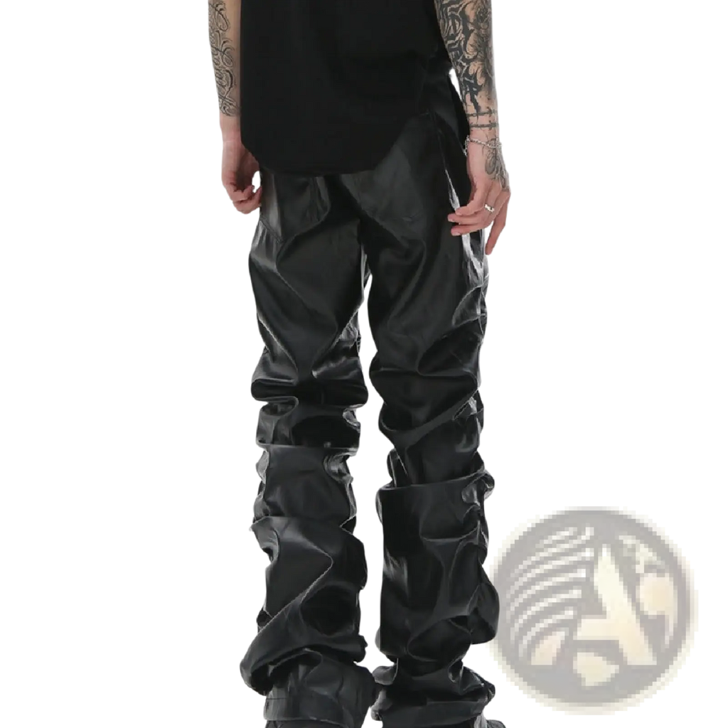 Men’s black tapered pants made of glossy faux leather with a ruched and crinkled design