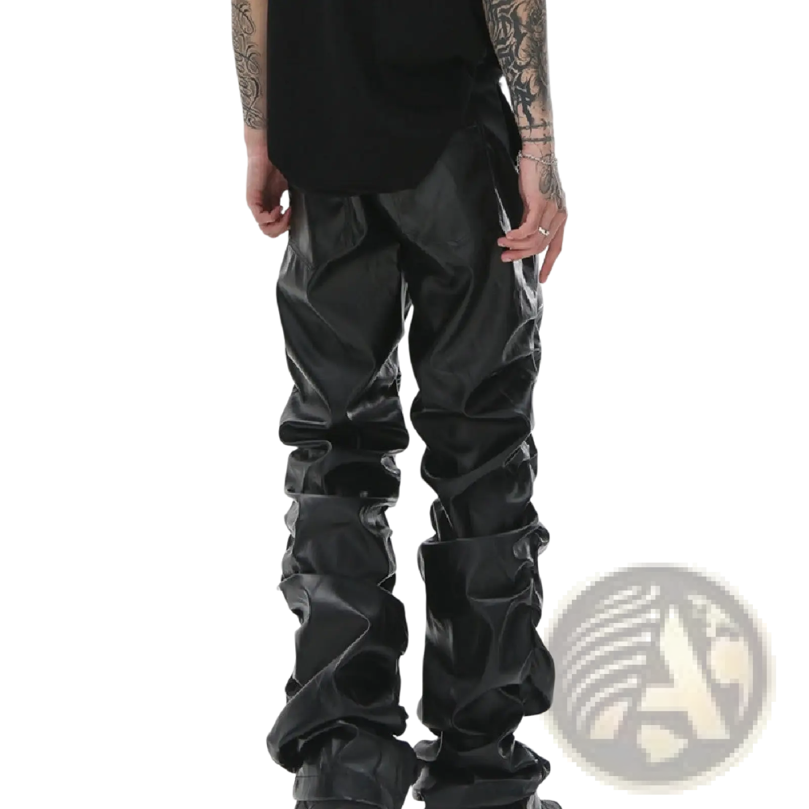 Men’s black tapered pants made of glossy faux leather with a ruched and crinkled design