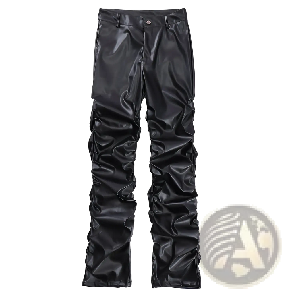 Men’s black ruched glossy faux leather tapered pants with detailed ruching along the legs for a sleek look