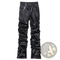 Men’s black ruched glossy faux leather tapered pants with detailed ruching along the legs for a sleek look