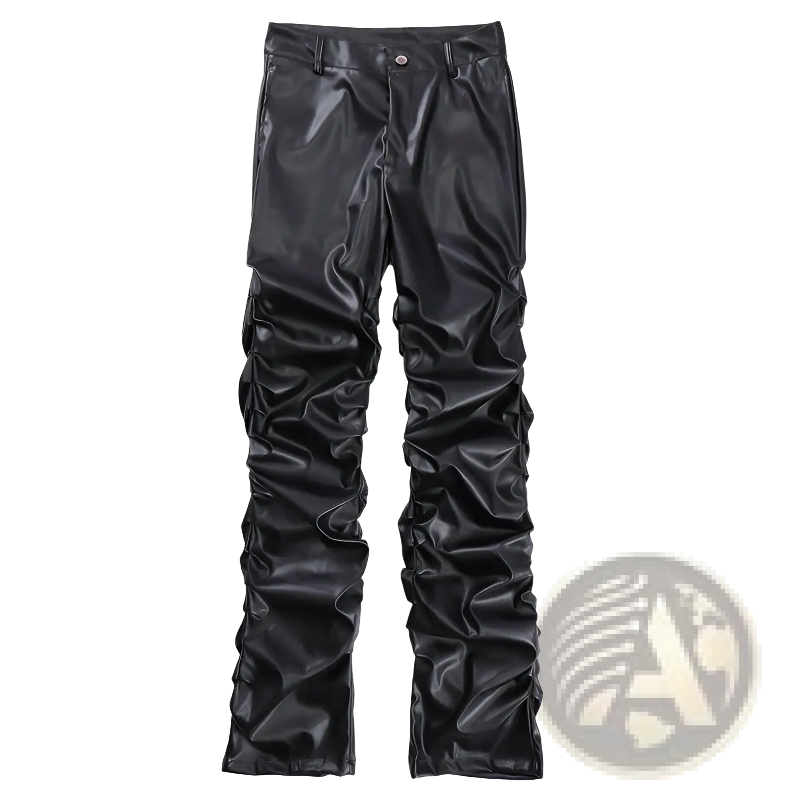 Men’s black ruched glossy faux leather tapered pants with detailed ruching along the legs for a sleek look