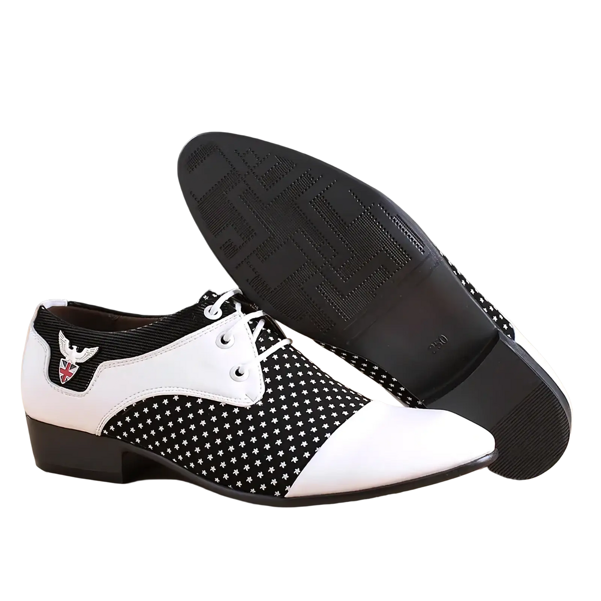 Mens black and white polka dot oxford dress shoe showing back side with white winged emblem on heel