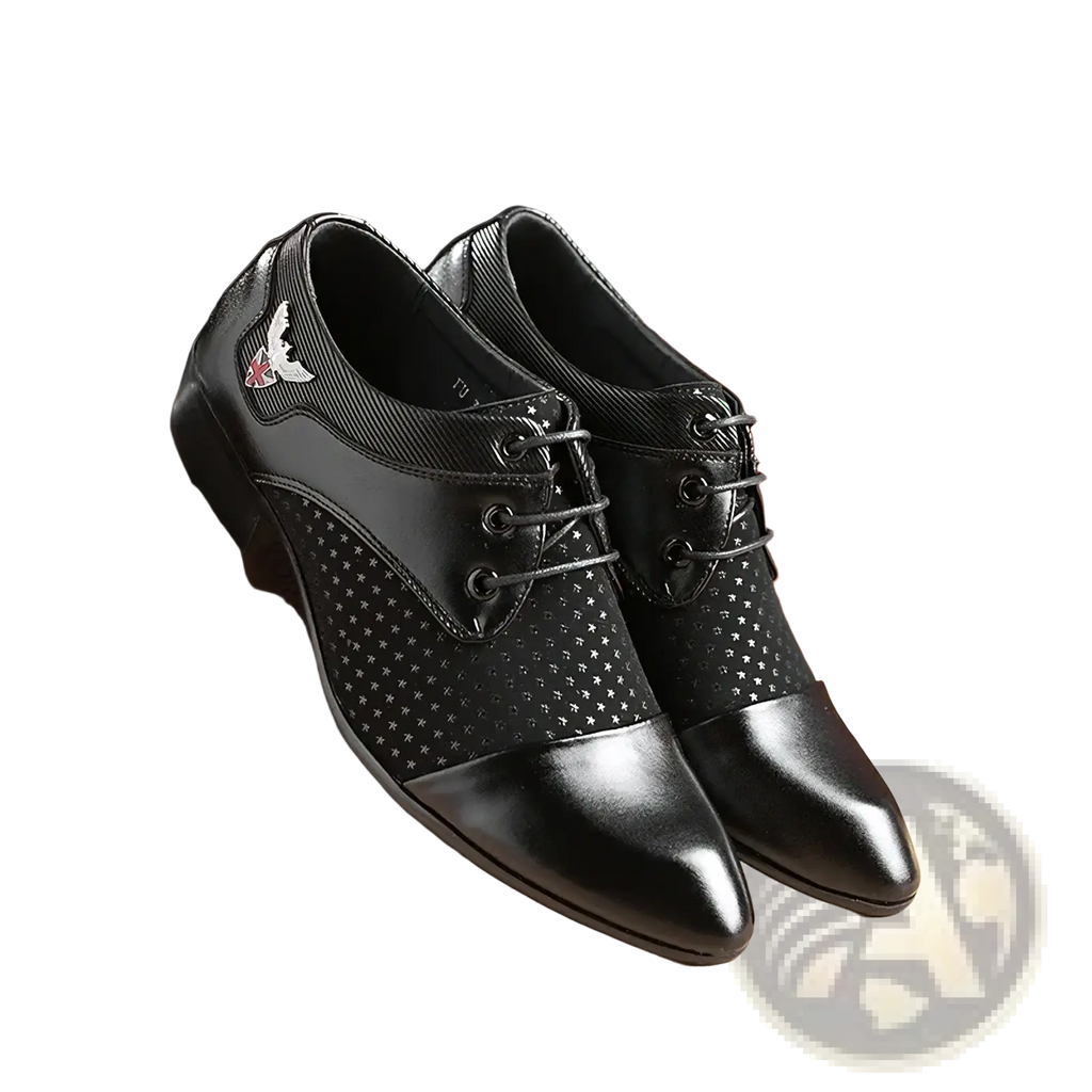 Mens black white polka dot oxford dress shoes in leather with glossy toe cap star-pattern perforated panels and bird emblem