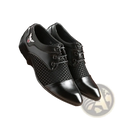 Mens black white polka dot oxford dress shoes in leather with glossy toe cap star-pattern perforated panels and bird emblem