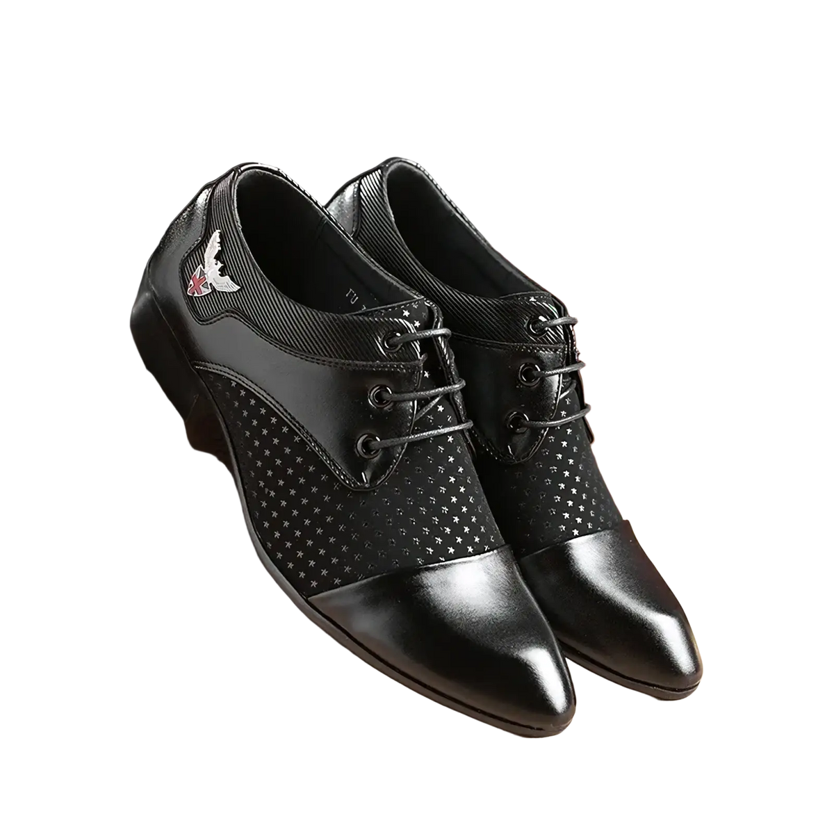 Mens black white polka dot oxford dress shoes in leather with glossy toe cap star-pattern perforated panels and bird emblem