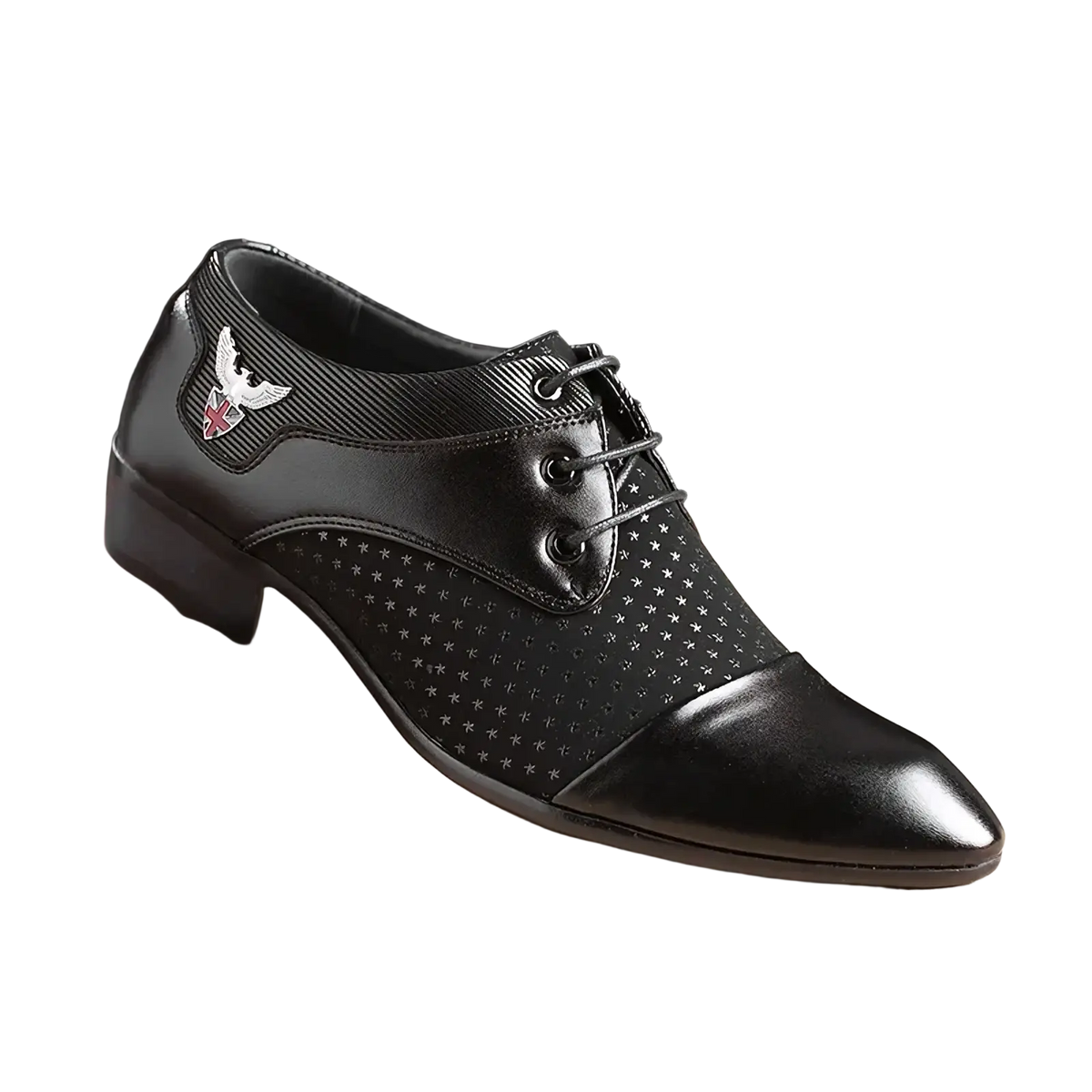 Mens black leather lace-up Oxford dress shoe with white polka dot perforated star pattern and eagle emblem