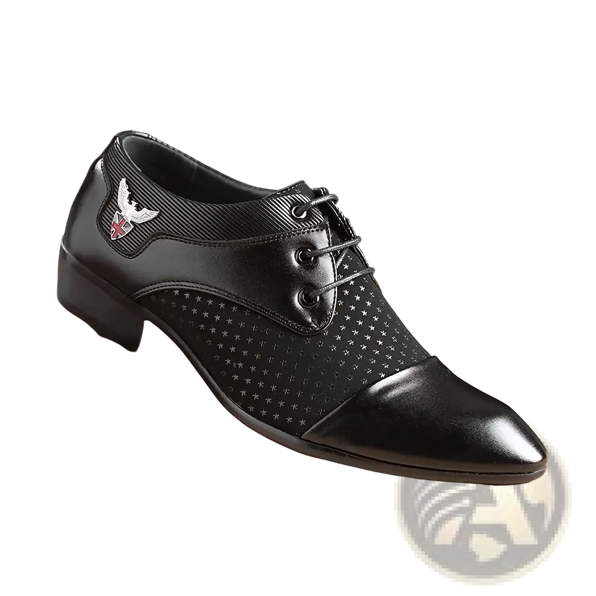 Mens black leather lace-up Oxford dress shoe with white polka dot perforated star pattern and eagle emblem