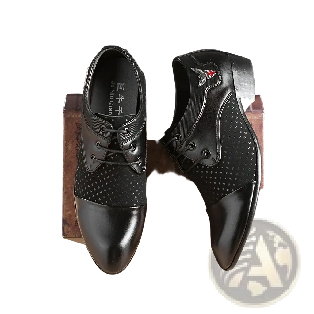 Mens black leather oxford dress shoes with glossy toe cap, perforated side panels, and embroidered bird emblem