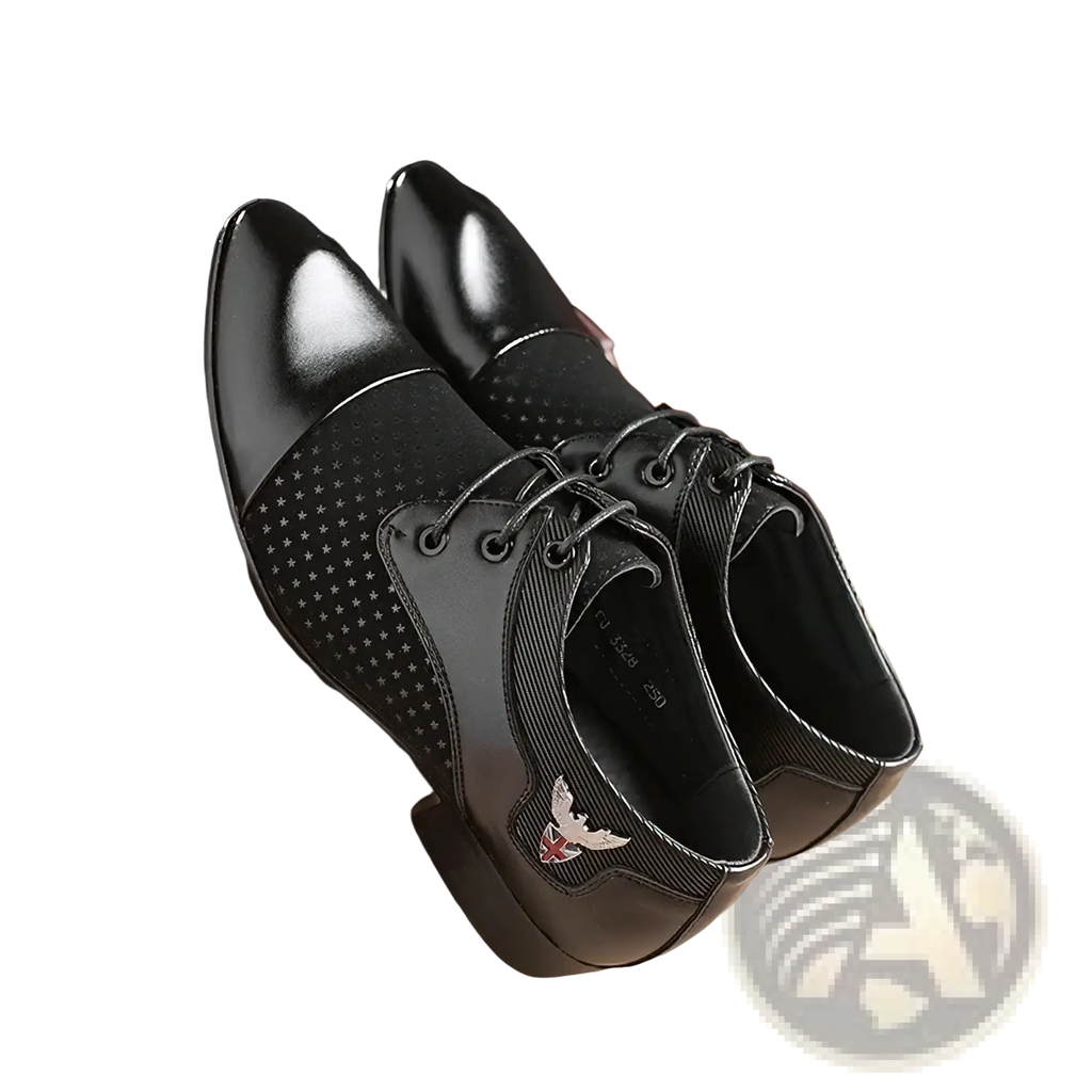 Mens black white polka dot oxford dress shoes with glossy toe cap, perforated star-patterned sides, and heel logo