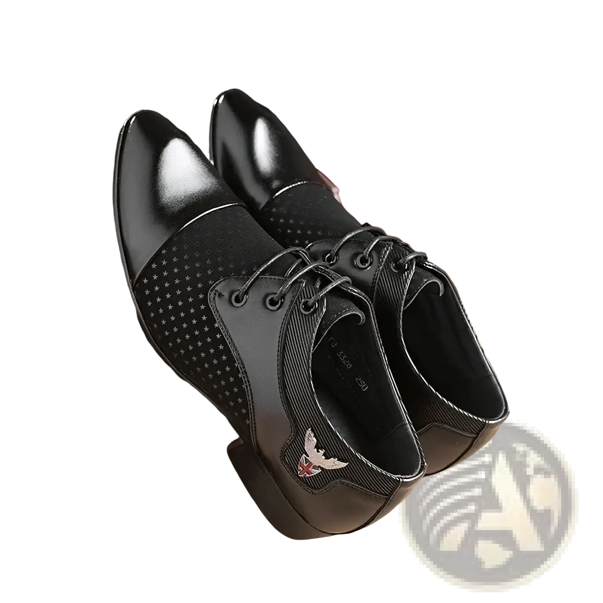 Mens black white polka dot oxford dress shoes with glossy toe cap, perforated star-patterned sides, and heel logo