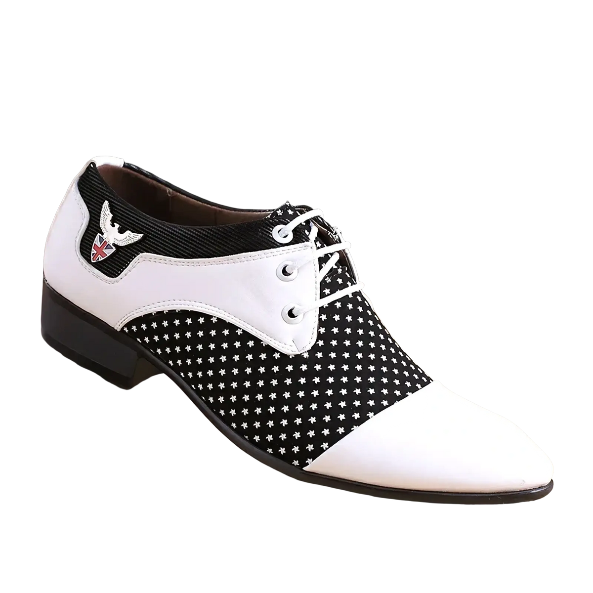 Mens black white polka dot oxford dress shoe featuring a white and black patterned leather with polka dots and embroidered winged emblem