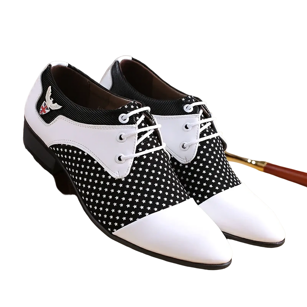 Mens black white polka dot oxford dress shoes with star design and contrasting leather accents on side panels