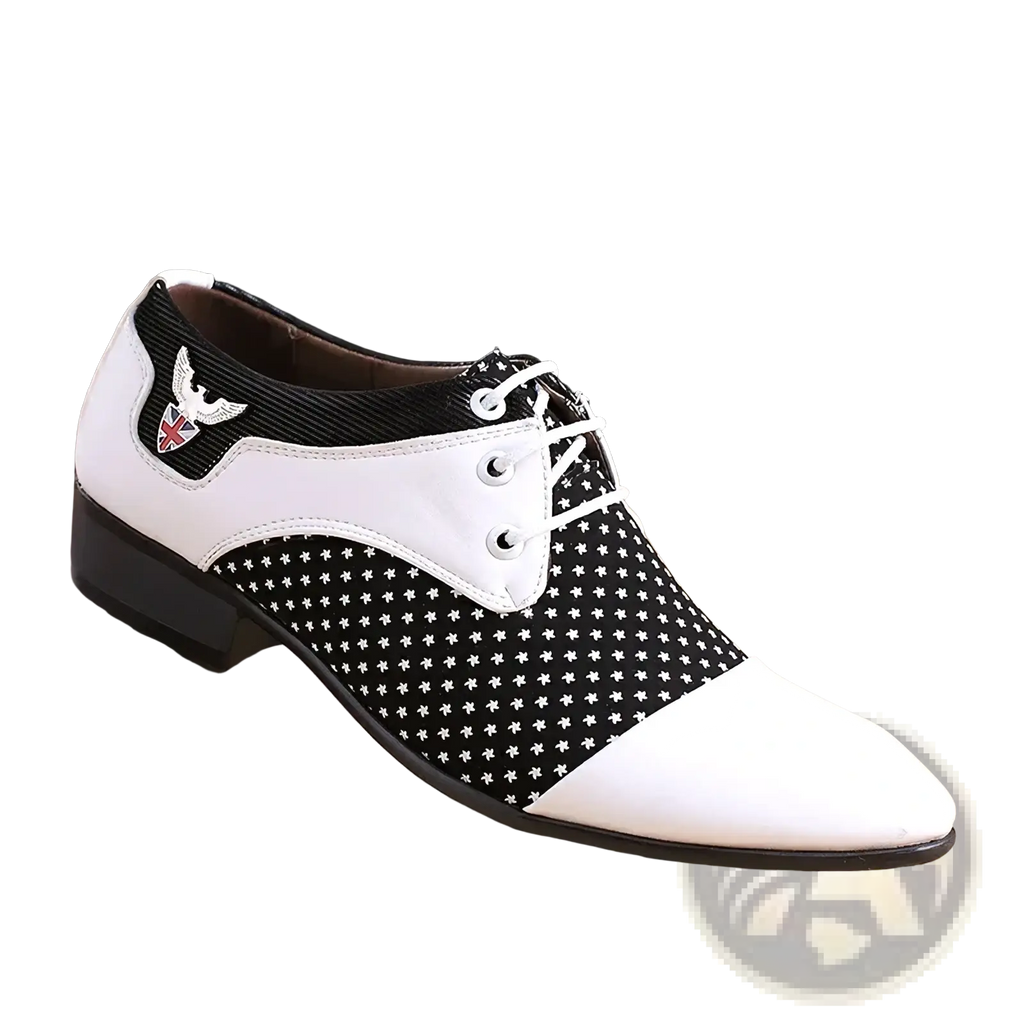 Mens black white polka dot oxford dress shoe featuring a white and black patterned leather with polka dots and embroidered winged emblem