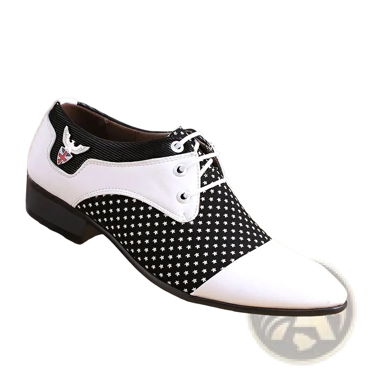 Mens black white polka dot oxford dress shoe featuring a white and black patterned leather with polka dots and embroidered winged emblem