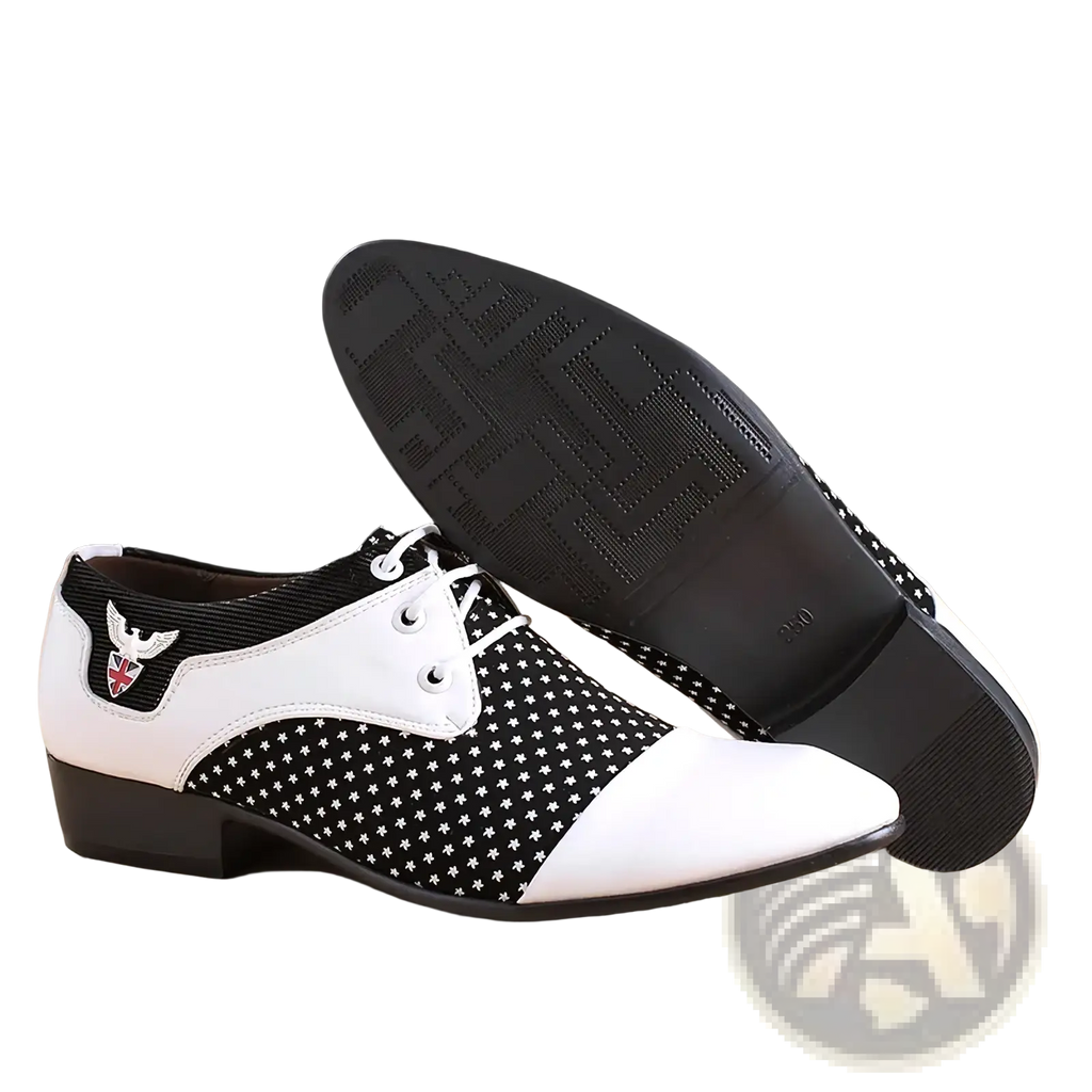 Mens black and white polka dot oxford dress shoe showing back side with white winged emblem on heel