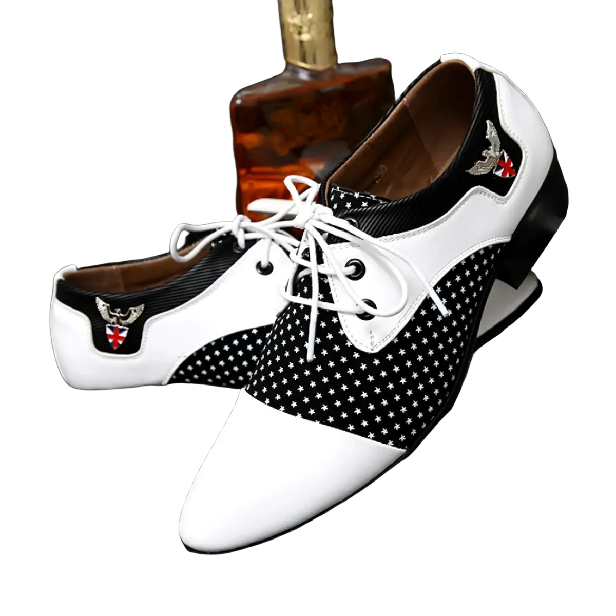 Mens black white polka dot oxford dress shoes with two-tone design, white laces, and embroidered eagle emblem