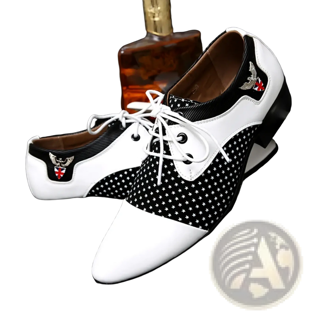 Mens black white polka dot oxford dress shoes with two-tone design, white laces, and embroidered eagle emblem