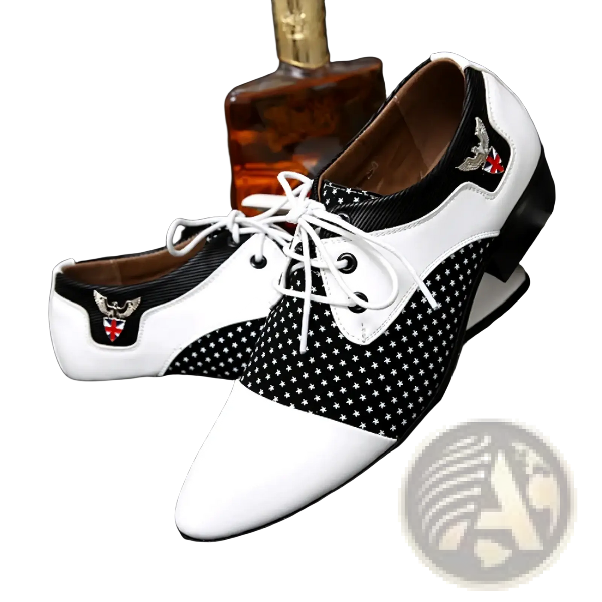 Mens black white polka dot oxford dress shoes with two-tone design, white laces, and embroidered eagle emblem