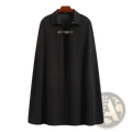 Mens black woolen cloak cape trench coat with collar and silver-toned toggle fastener at the front