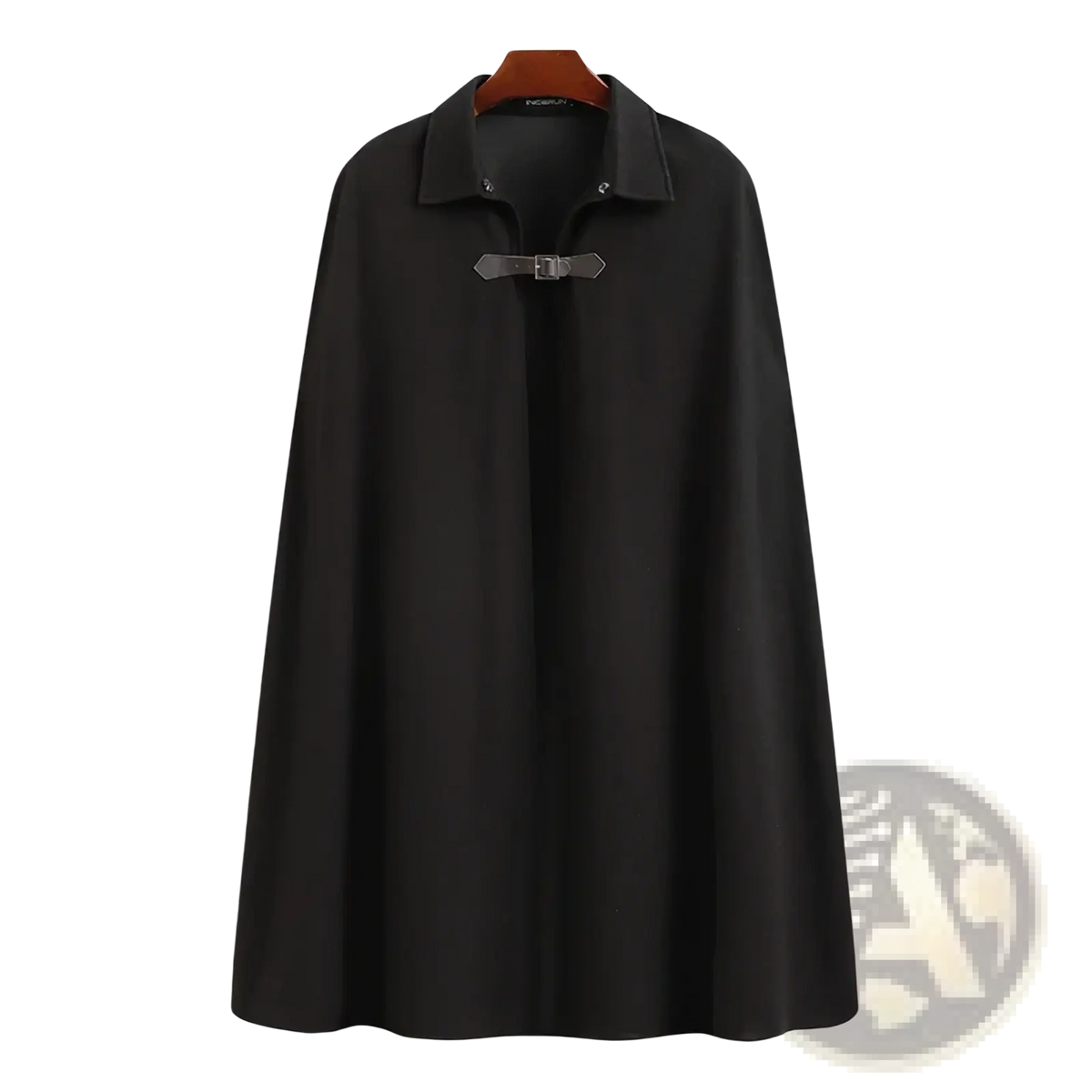 Mens black woolen cloak cape trench coat with collar and silver-toned toggle fastener at the front
