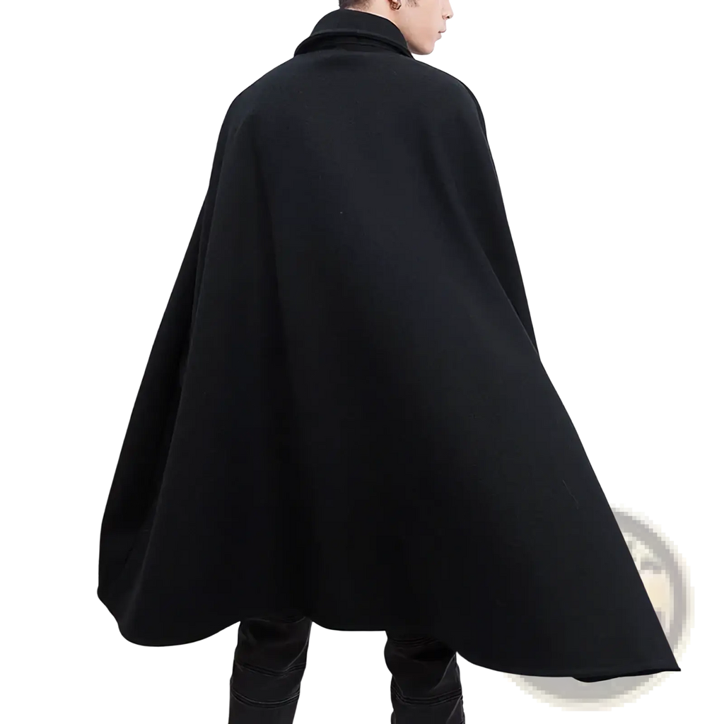 Mens black woolen cloak cape trench coat with high collar and flowing wide sleeves shown from the back side