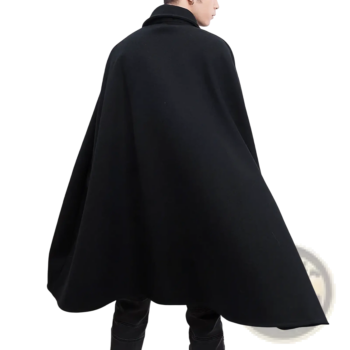 Mens black woolen cloak cape trench coat with high collar and flowing wide sleeves shown from the back side