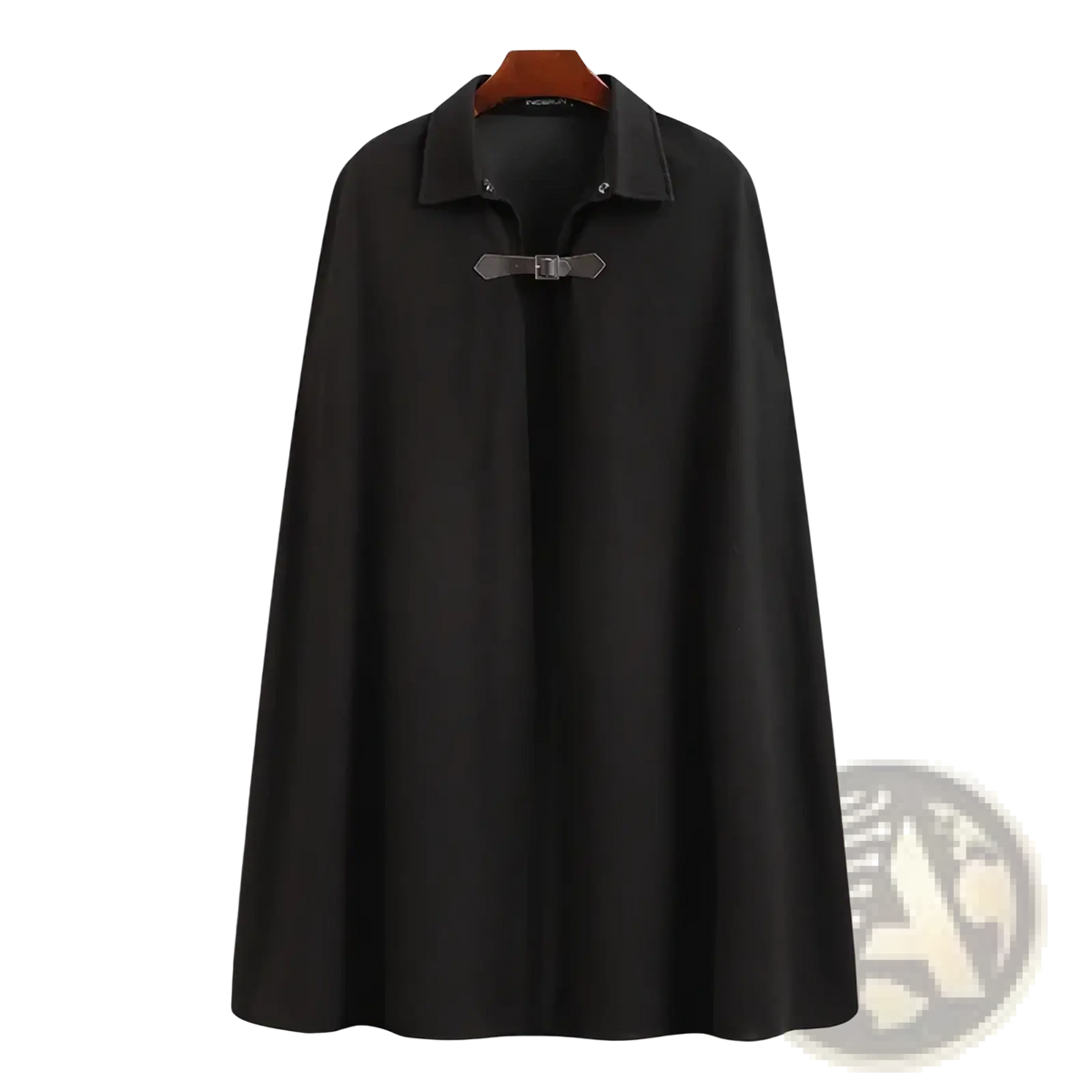 Mens black woolen cloak cape trench coat featuring a collar and metallic toggle closure front view