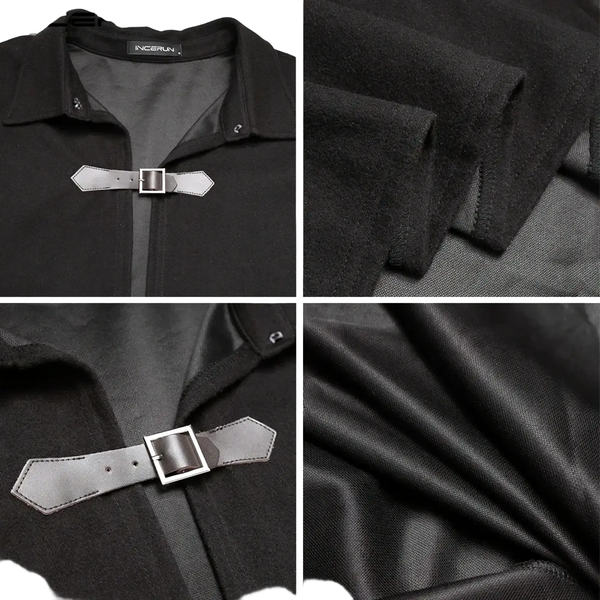 Men’s black woolen cloak cape trench coat with textured fabric and silver-toned buckle closure front view